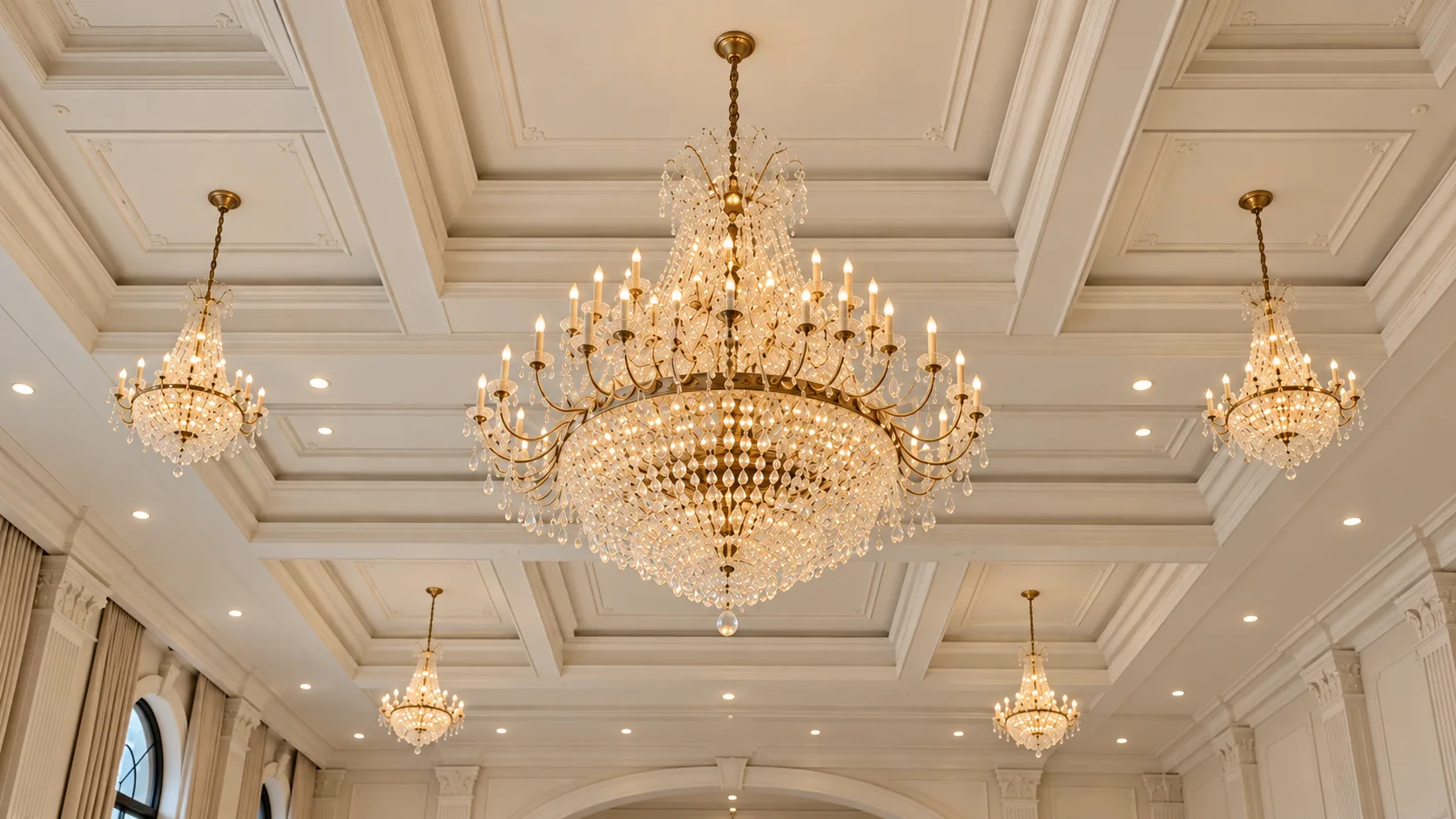 A crystal chandelier on the coffered ceiling of the Banquet Hall