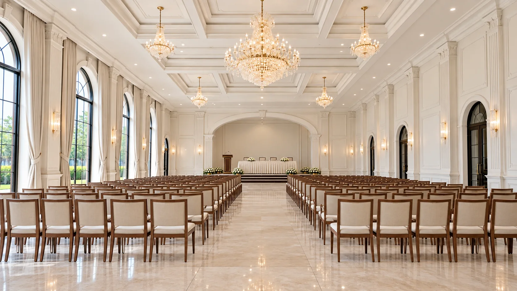 The Banquet Hall set for a conference: rows of chairs facing a table at the far end, under the chandeliers