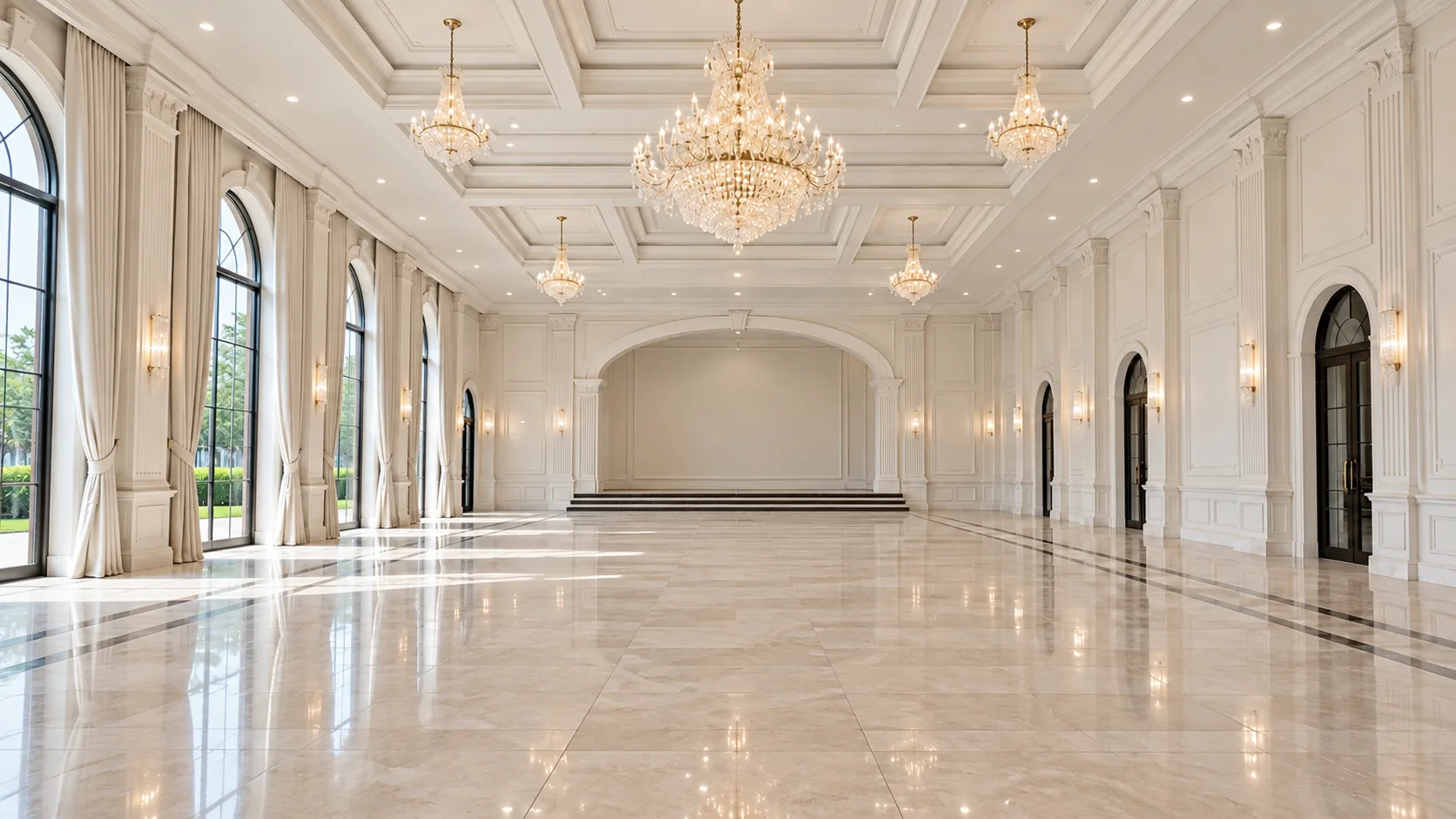 Inside the Banquet Hall, empty: a polished marble floor, tall arched windows and crystal chandeliers