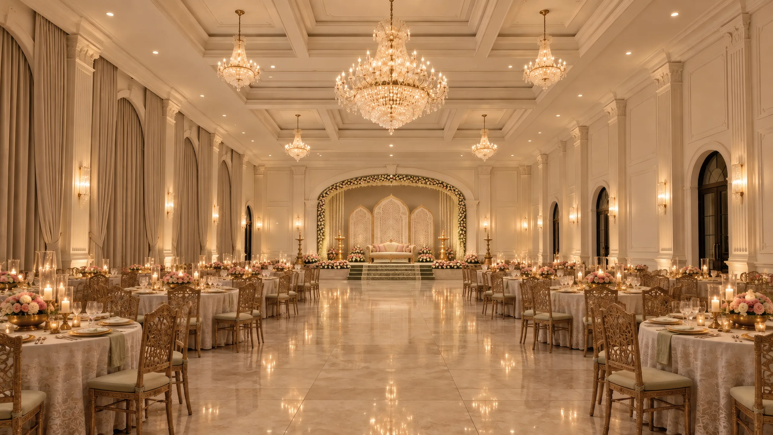 Inside the Banquet Hall, laid for a reception: round tables, chandeliers and a polished marble floor