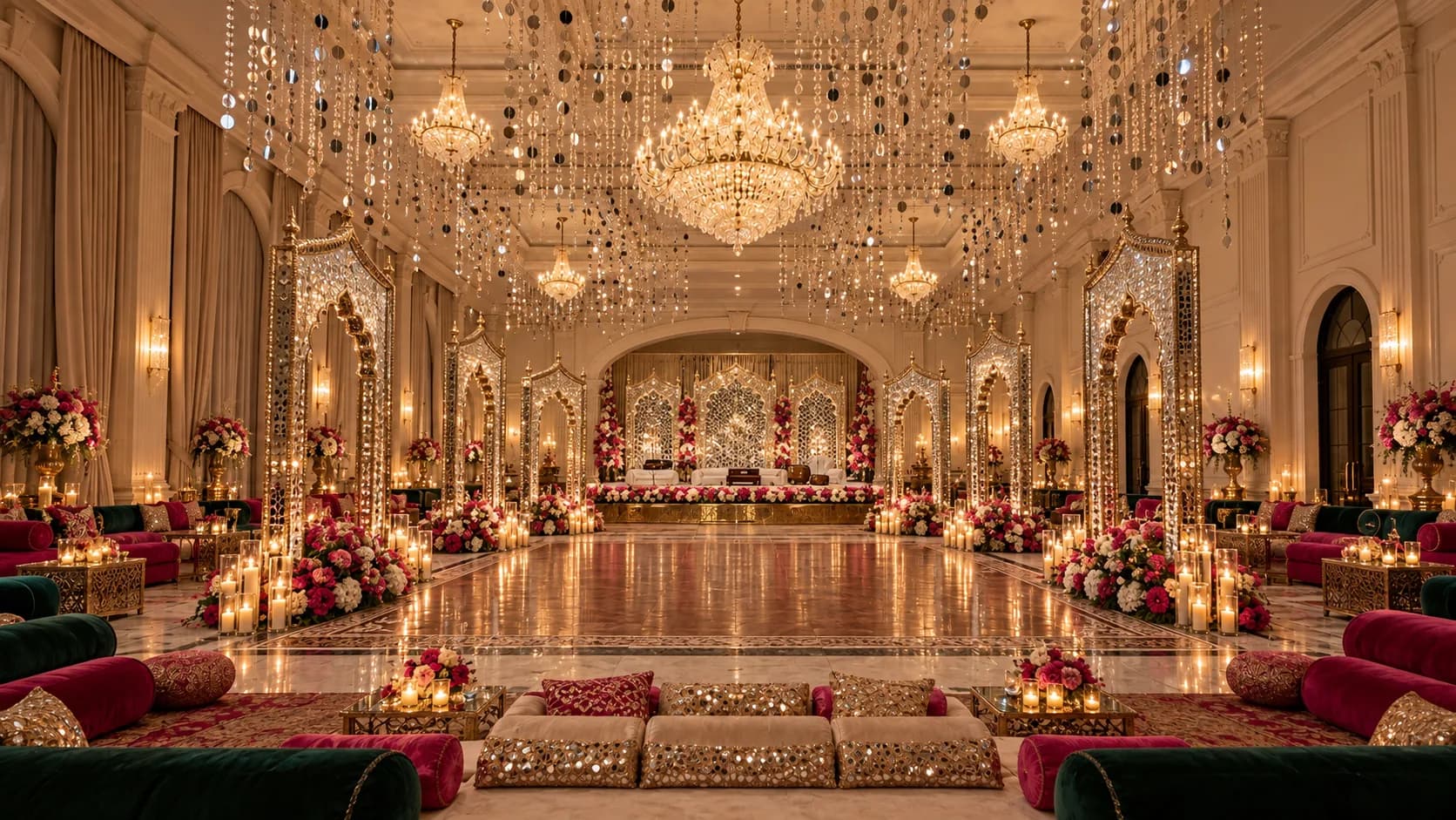 The Banquet Hall dressed for a party: strings of crystal lights, a polished dance floor and low seating
