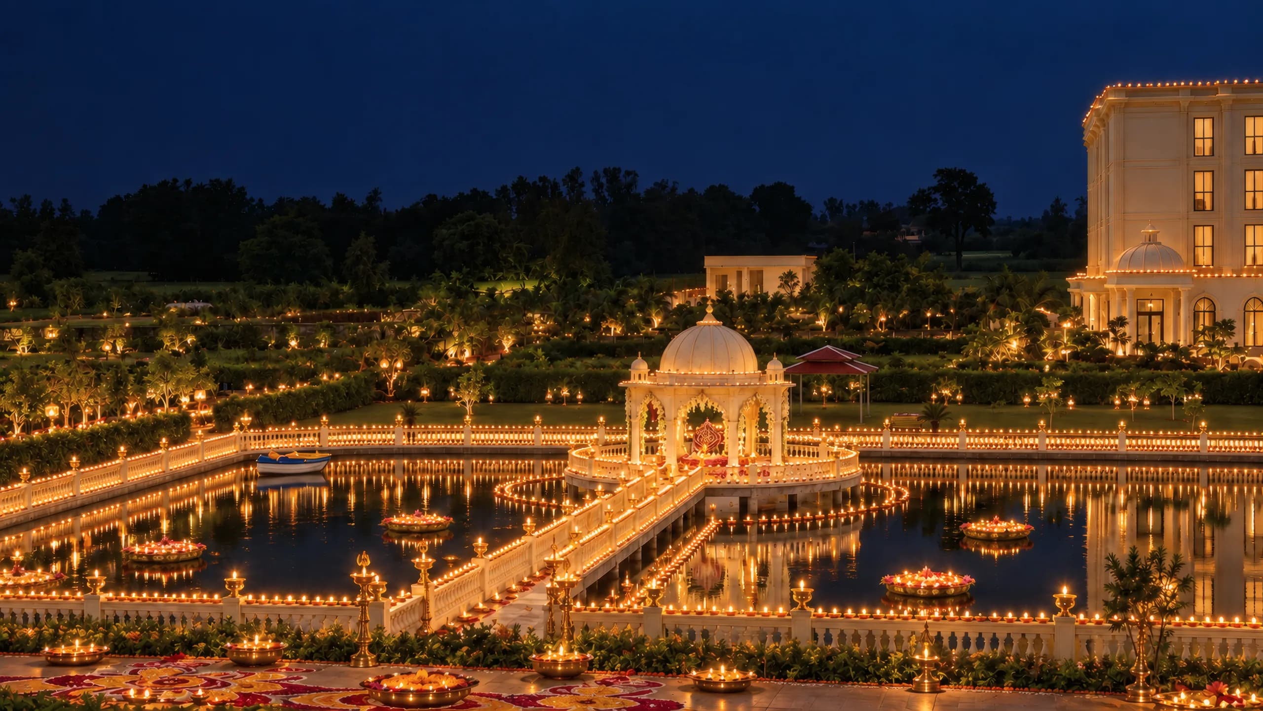 The pond on Diwali night: diyas along the railings and the causeway, lamps floating on the water, the mandap lit at its centre and the hotel beyond