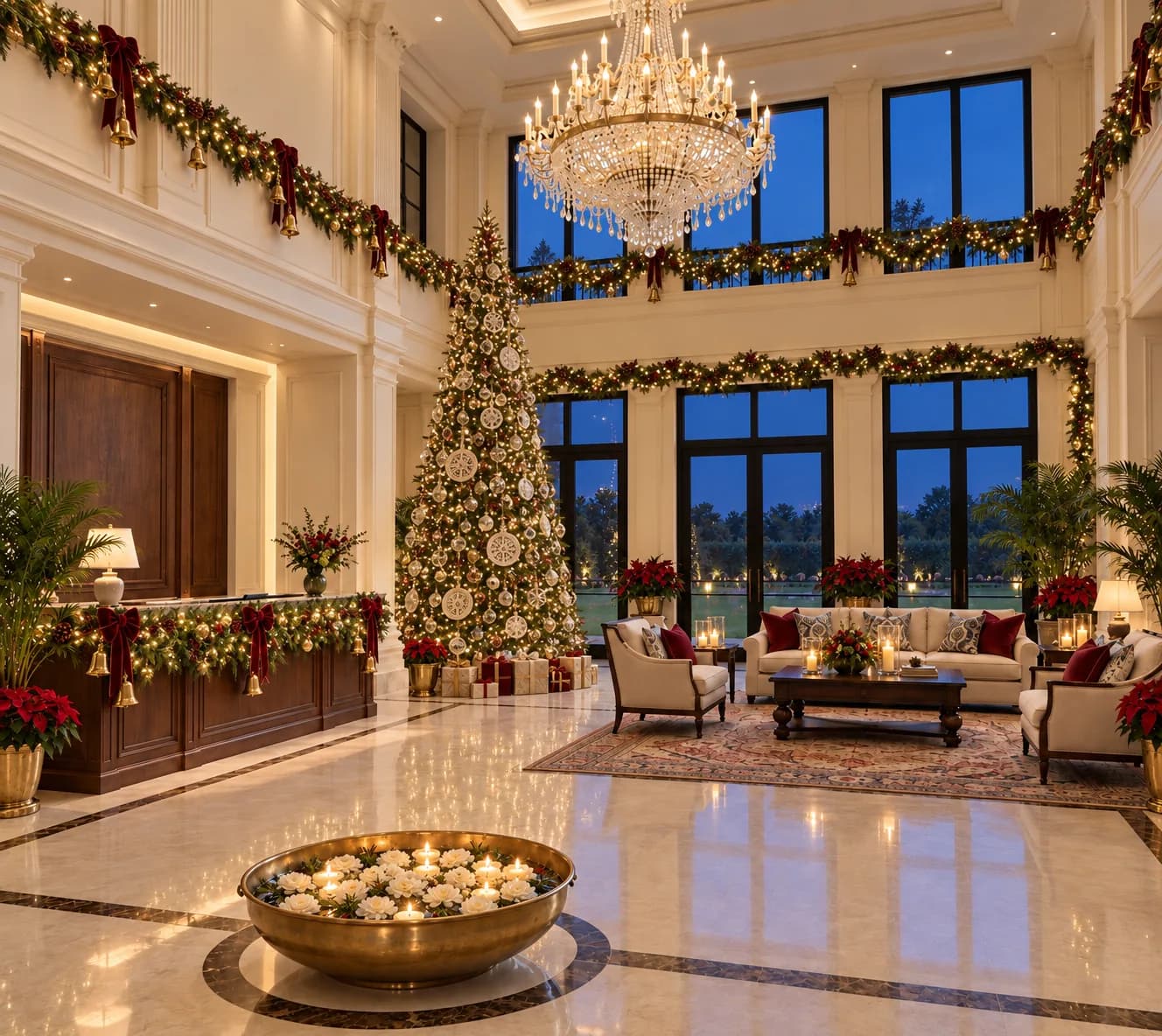 Christmas in the hotel lobby: a tall tree hung with red and gold, garlands along the gallery and a crystal chandelier over the marble floor