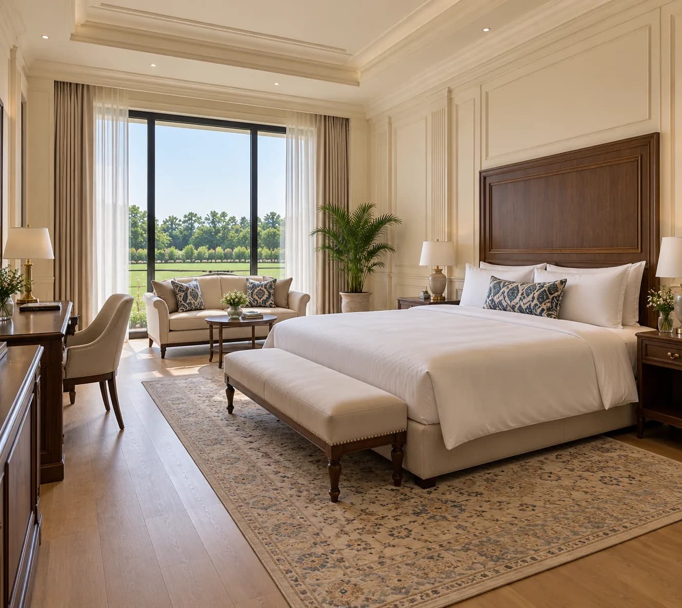 A hotel room: a wide bed with a wooden headboard, a bench at its foot, a sitting corner and tall windows onto green lawns
