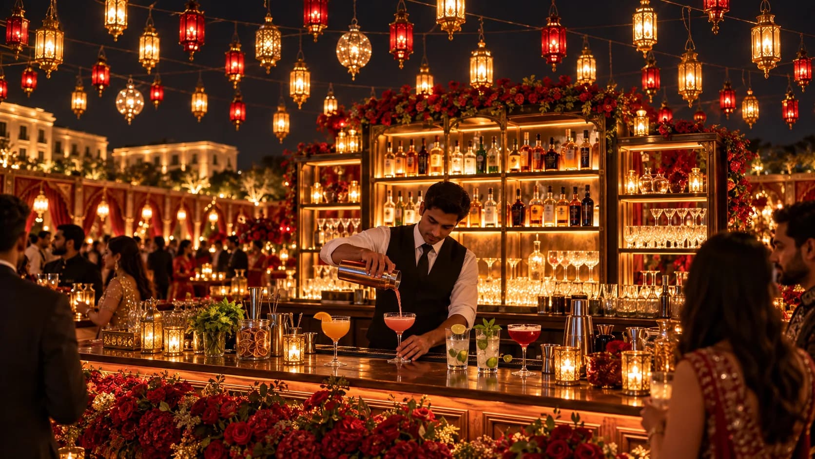 A bartender pouring a pink cocktail at a lit bar on the lawn at night, shelves of bottles behind him and lanterns overhead