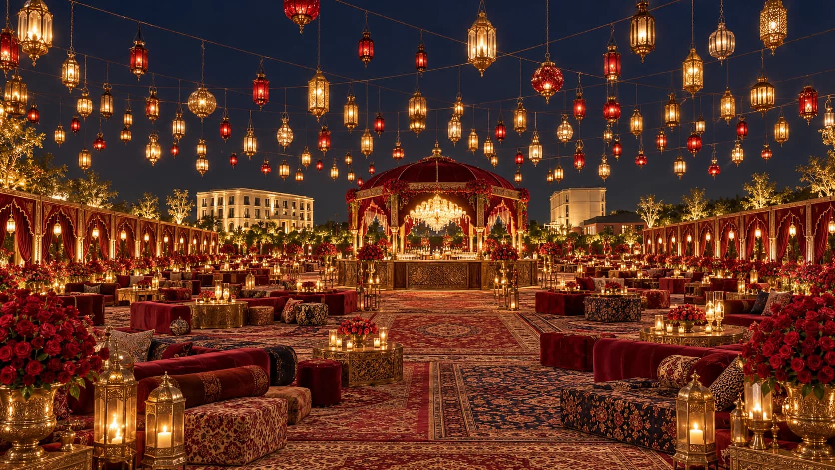 A cocktail party at night under hundreds of hanging lanterns, with red seating and a lit pavilion