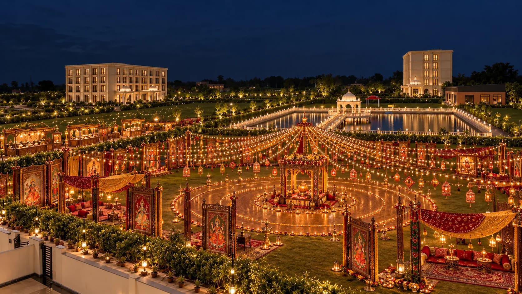 The lawns at night strung with lights for a festive dance, with the pond and the hotel beyond