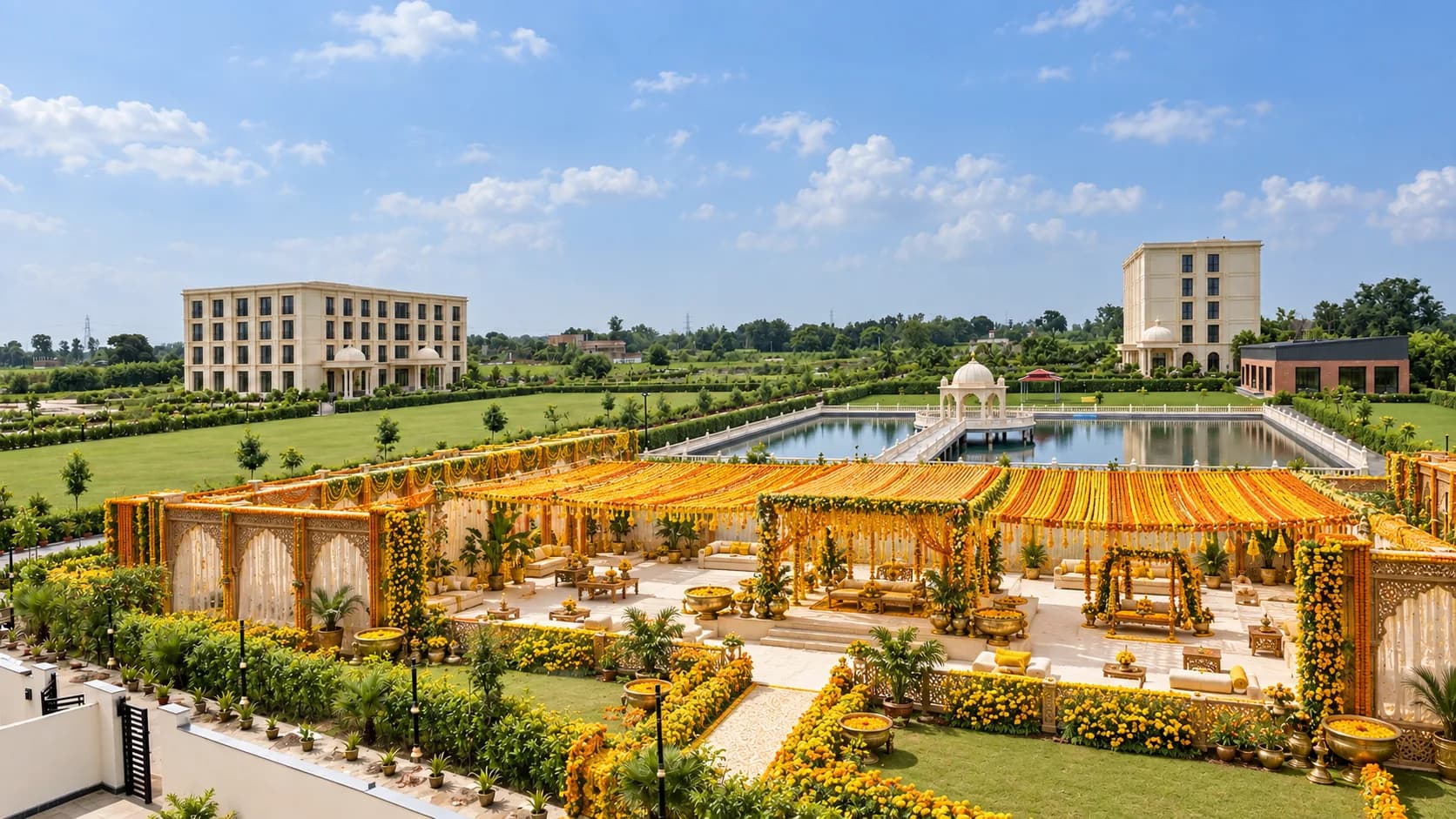 A lawn by the pond in the morning, dressed in yellow for a haldi, with the mandap and the hotel beyond