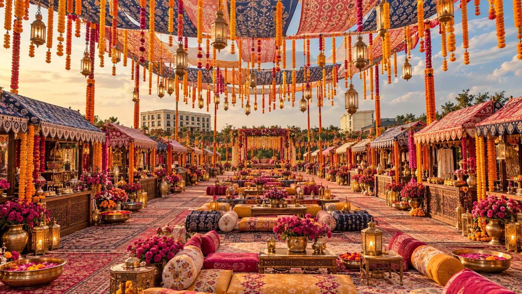A mehndi in the late afternoon: marigold strings and printed canopies over cushions and low tables
