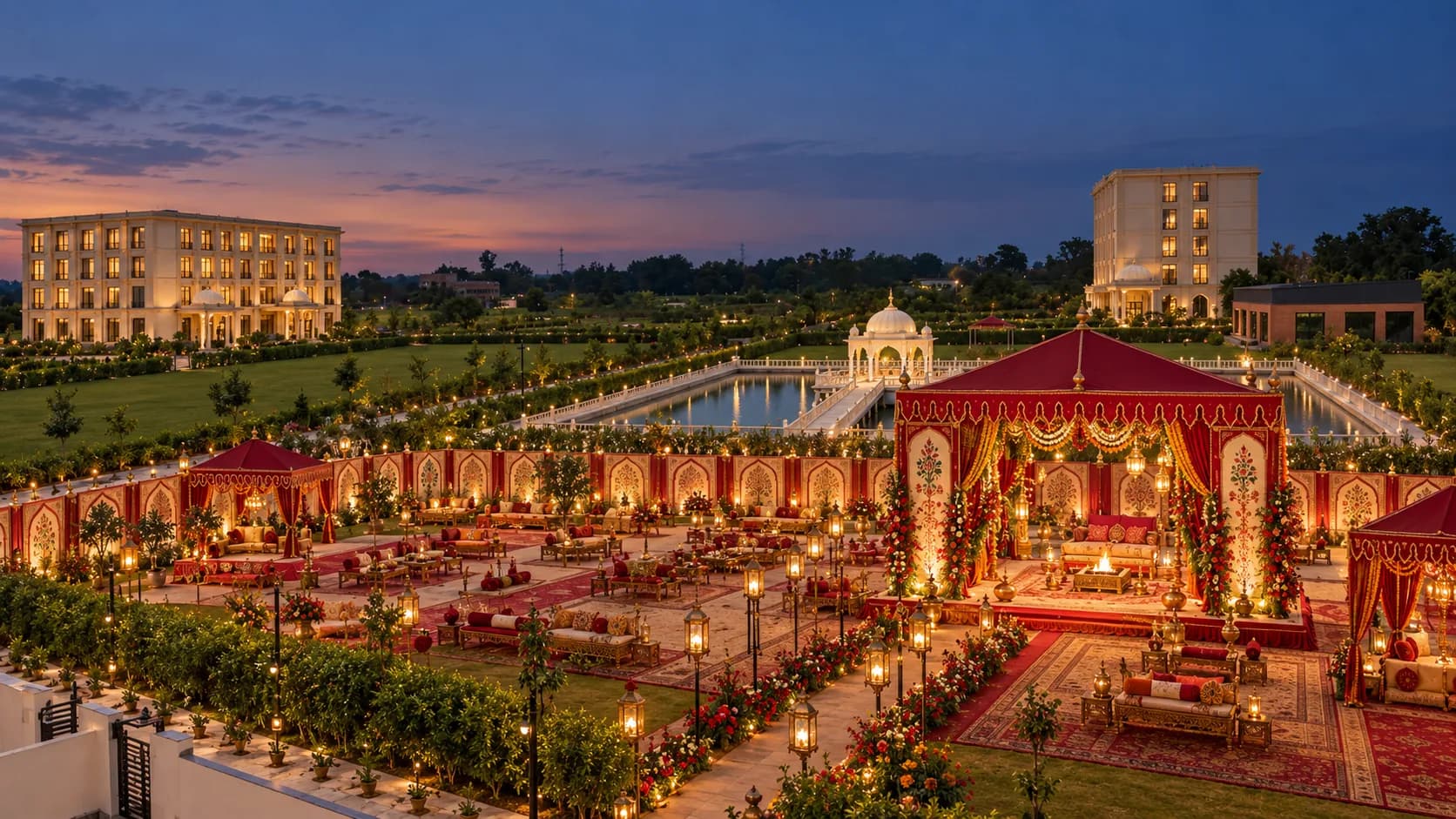 A lawn at dusk dressed for a wedding under red canopies, with the pond, the mandap and the hotel beyond