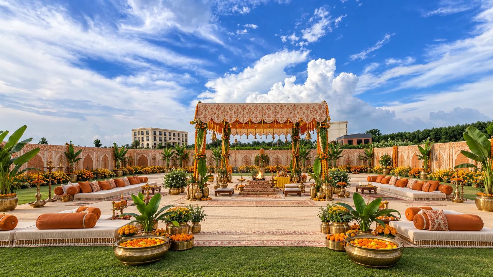 A lawn by day set for a puja: a flowered canopy, brass urns of marigolds and low seats on both sides