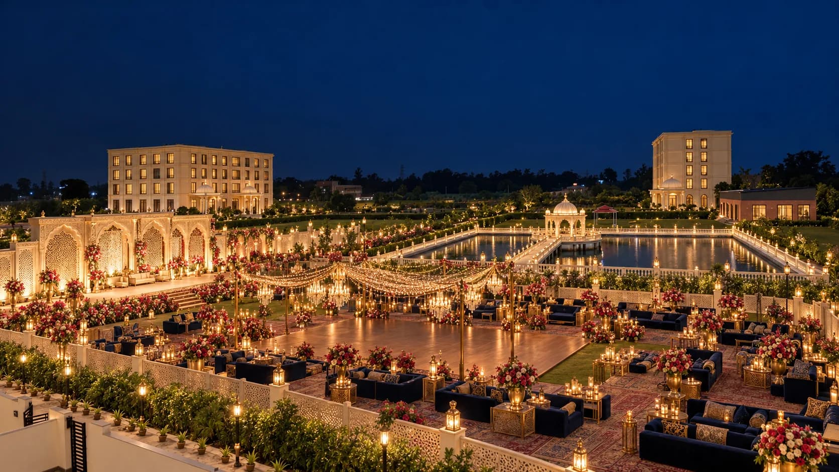 The lawns at night laid for a sangeet: low seating, flowers and lights, with the pond and the mandap lit beyond