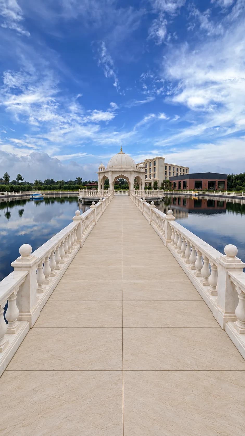 The railed white causeway across the pond, leading to the domed marble mandap on its stage