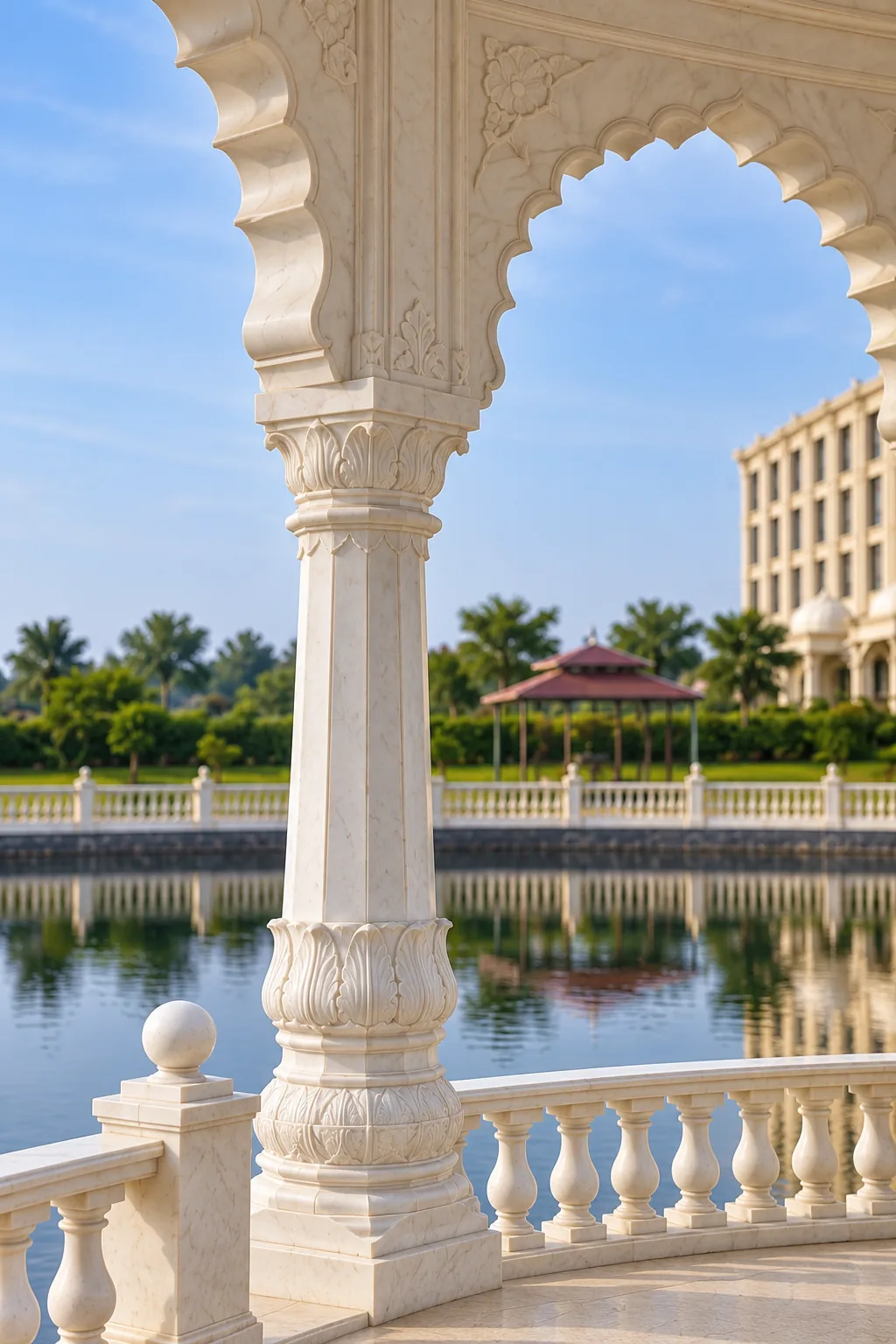 A carved white marble pillar and cusped arch of the mandap, the railed pond and the hotel's front beyond