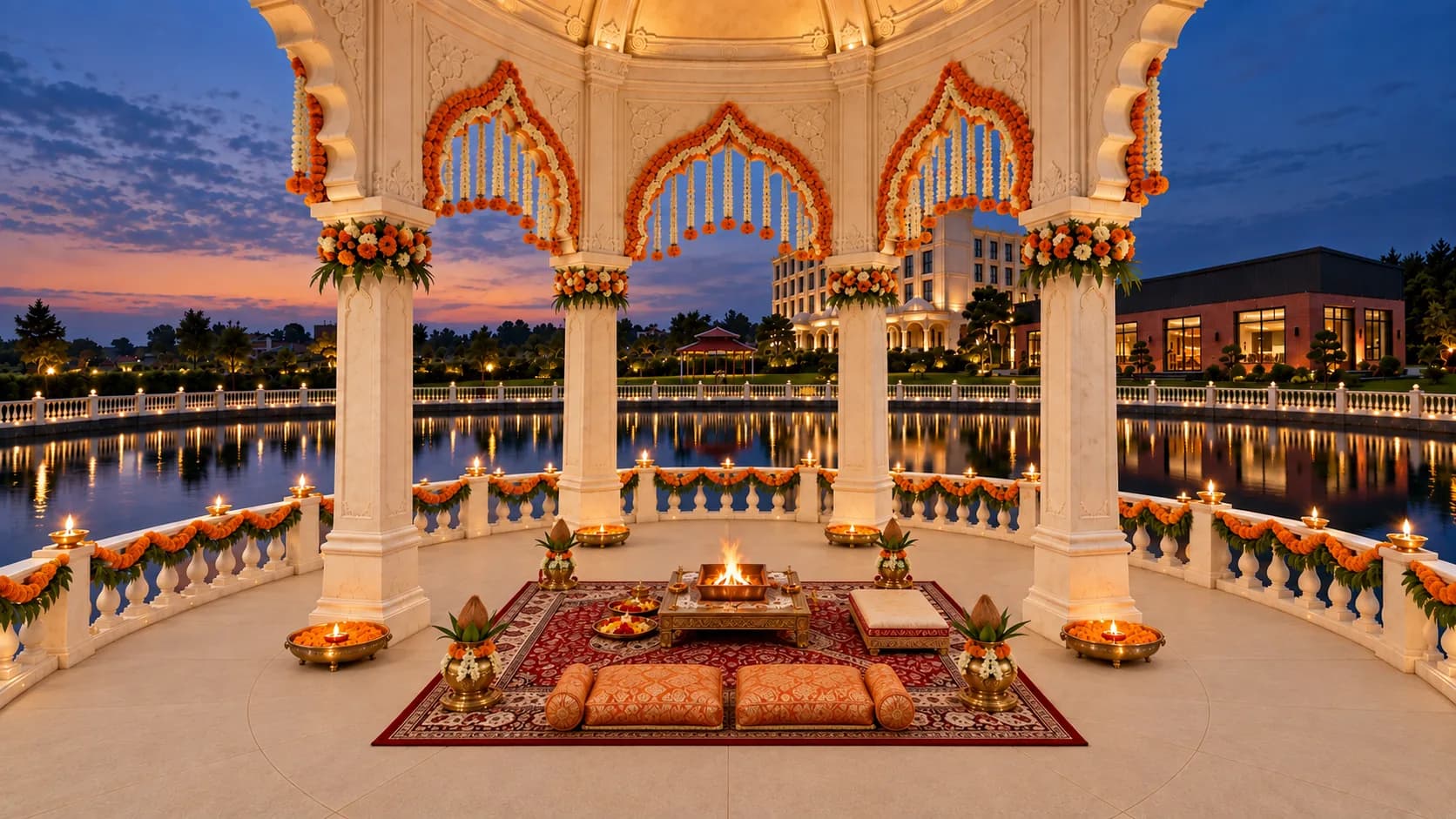 The mandap at dusk, dressed for a wedding: marigold arches, a lit fire on a red carpet and the lamp-lit pond beyond