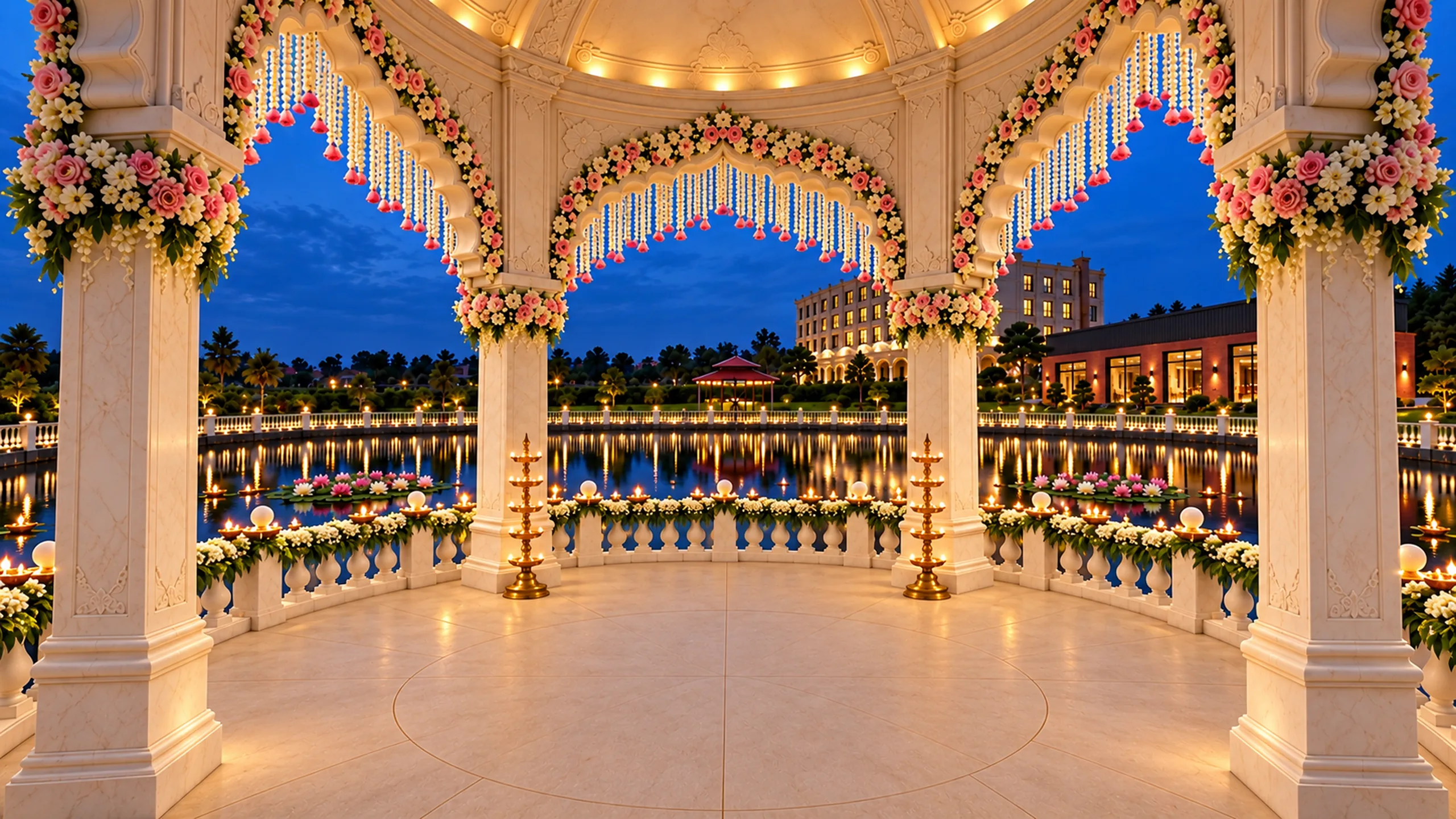Inside the white marble mandap at blue hour, its arches hung with rose and jasmine garlands; brass lamps, the lit pond and the far bank beyond