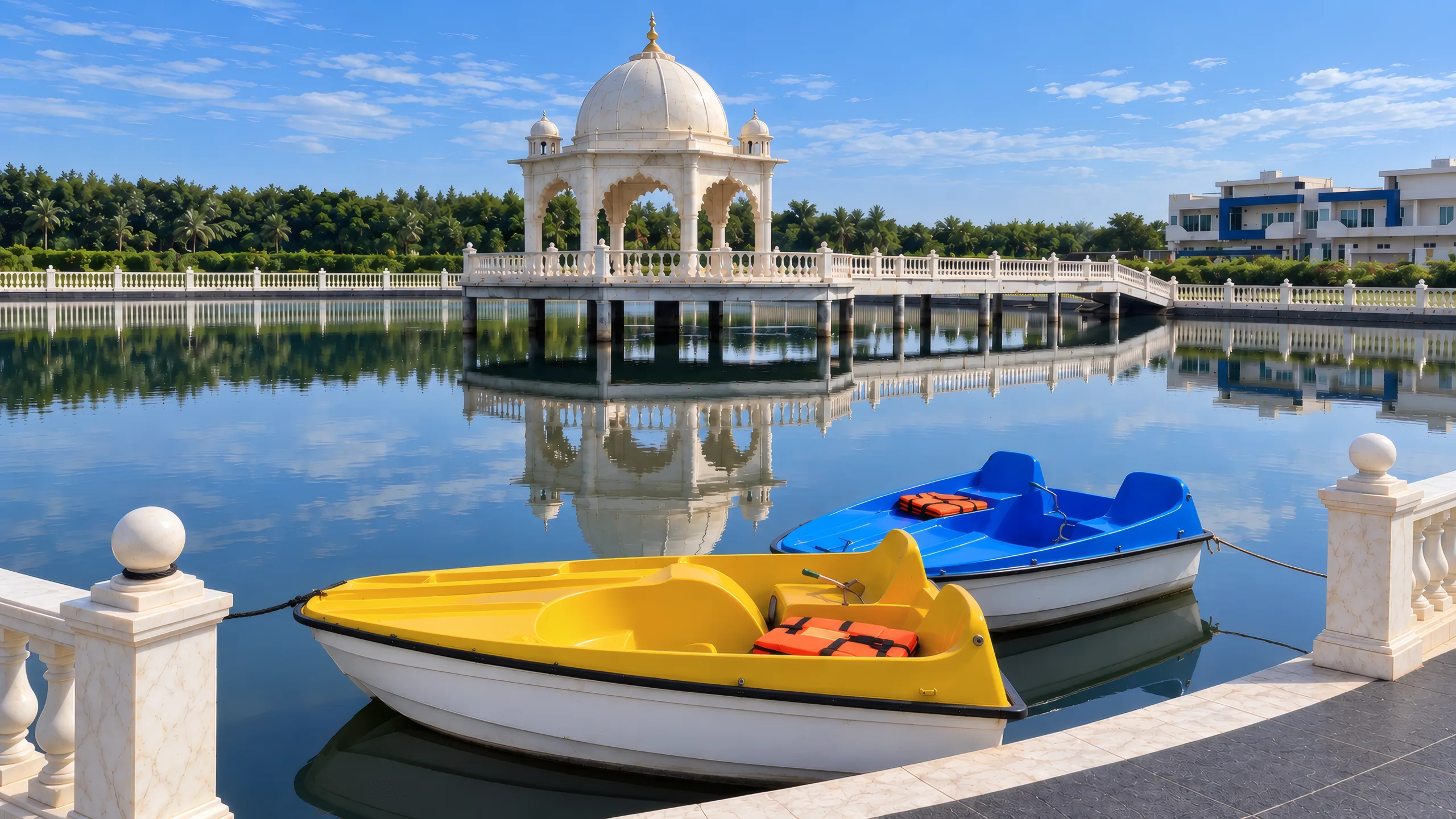 The white marble mandap on its stage in the pond by day, reached by a railed causeway; a yellow and a blue pedal boat moored at the railing in front