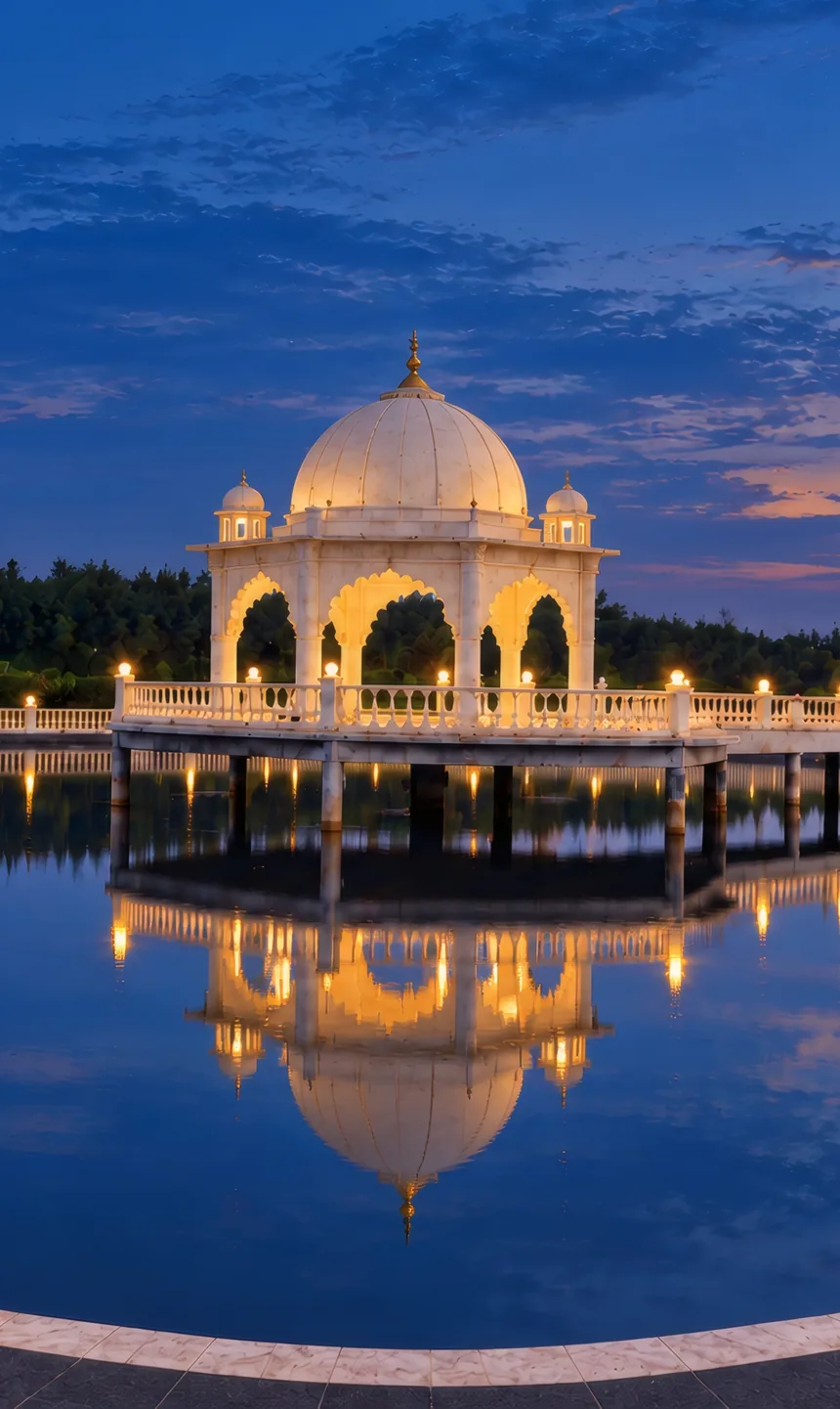 The white marble mandap on the pond at blue hour, its lamps lit and doubled in the water