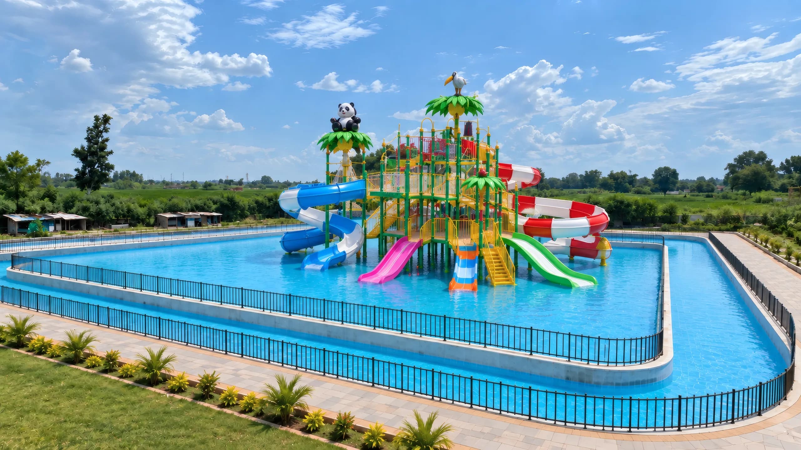 The ring pool and its slide play frame, with spiral tubes and open slides, under a summer sky