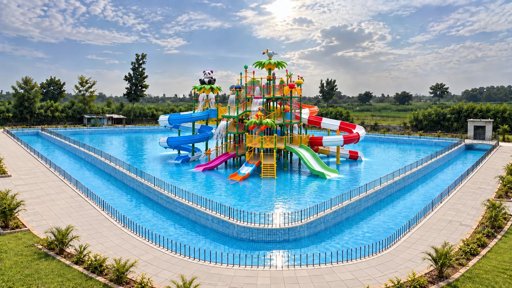 The ring pool from the sunny side: the railed channel curving round the pool and the slide play frame