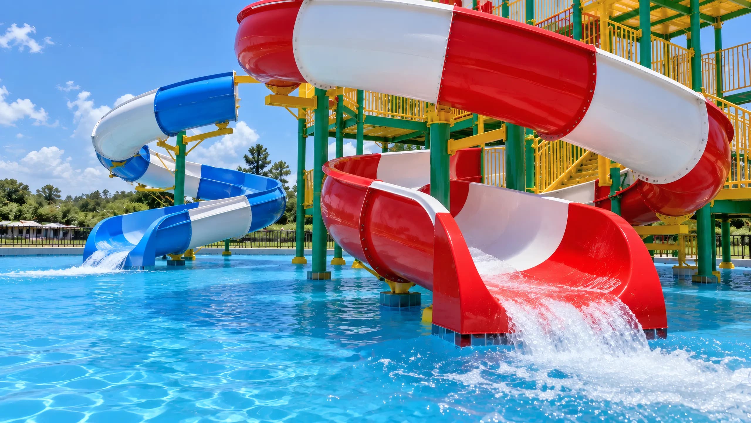 Close to the play frame: blue and white and red and white spiral tubes spilling into the pool