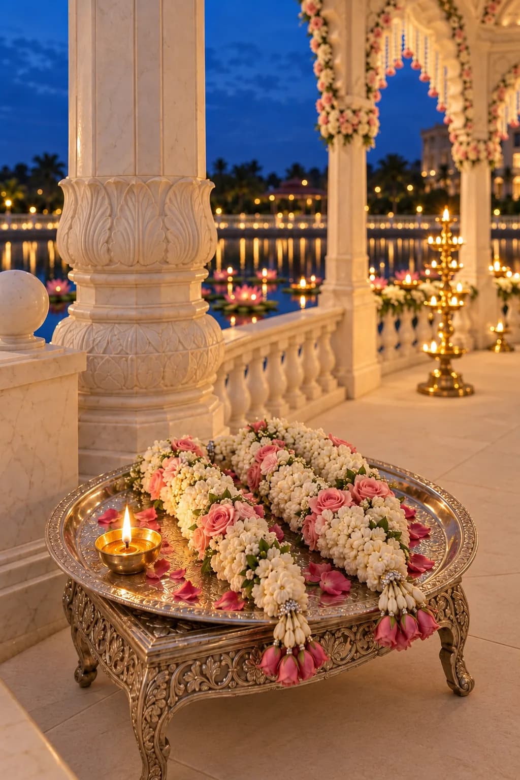 Inside the mandap at dusk: rose and jasmine garlands on a silver tray with a lit diya, carved marble pillars and the lamp-lit pond beyond
