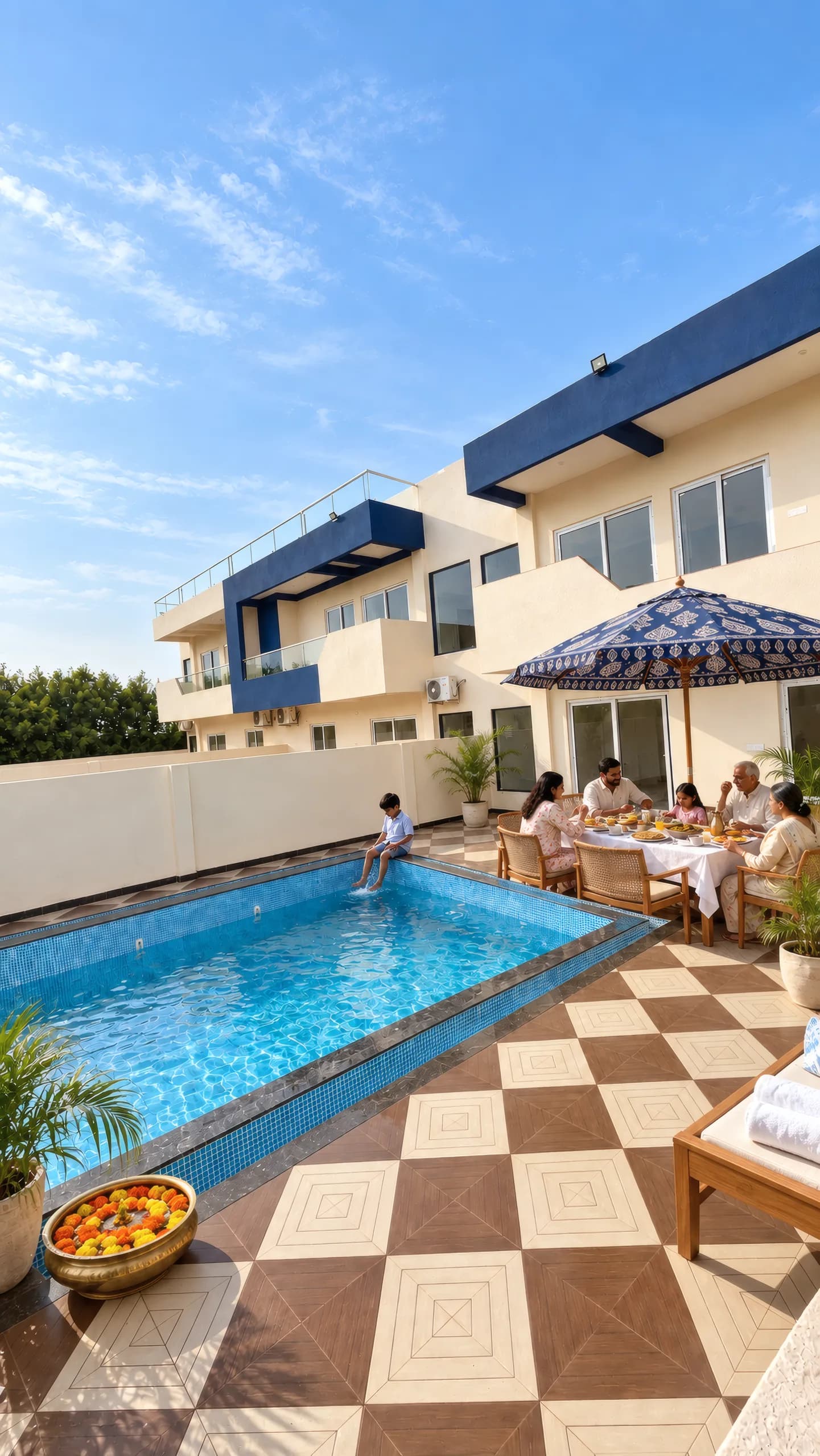 A family at breakfast in a villa courtyard under a block-printed umbrella; a boy sits with his feet in the pool