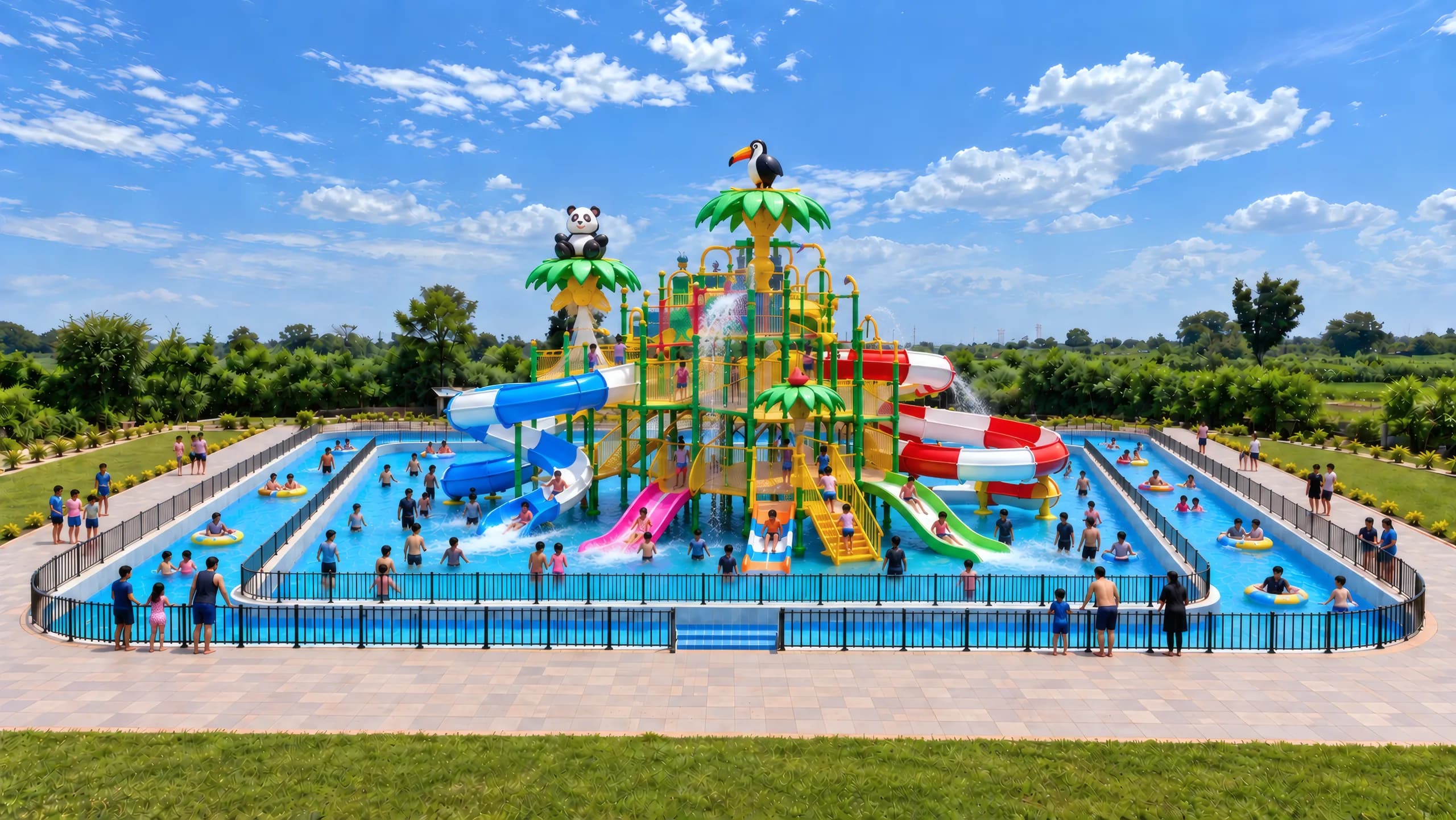 Families in the ring pool on a sunny day, around the slide play frame with its spiral tubes and open slides