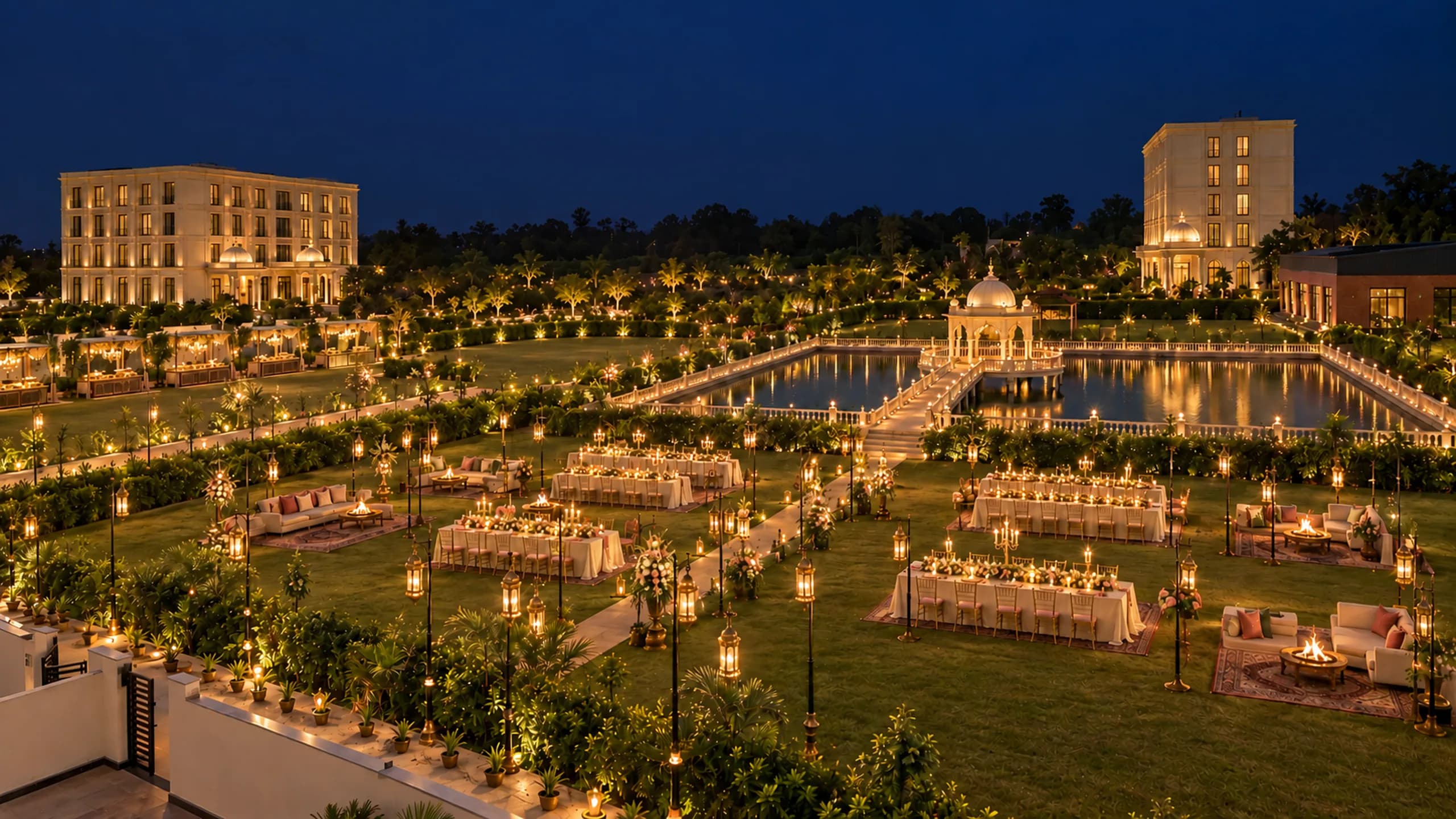 The estate at night, its lawns laid with lit tables round the pond and the mandap, the hotel beyond