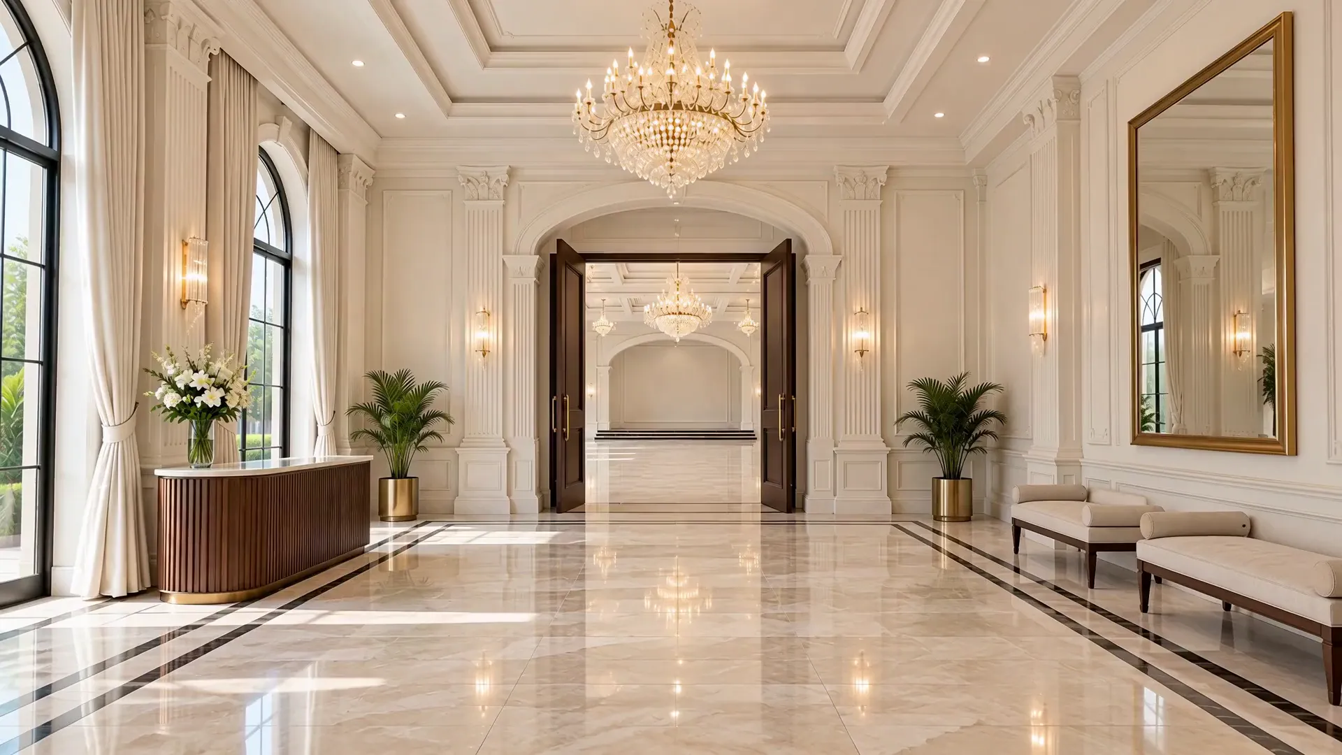 The foyer of the Banquet Hall: a polished marble floor, tall double doors and a crystal chandelier