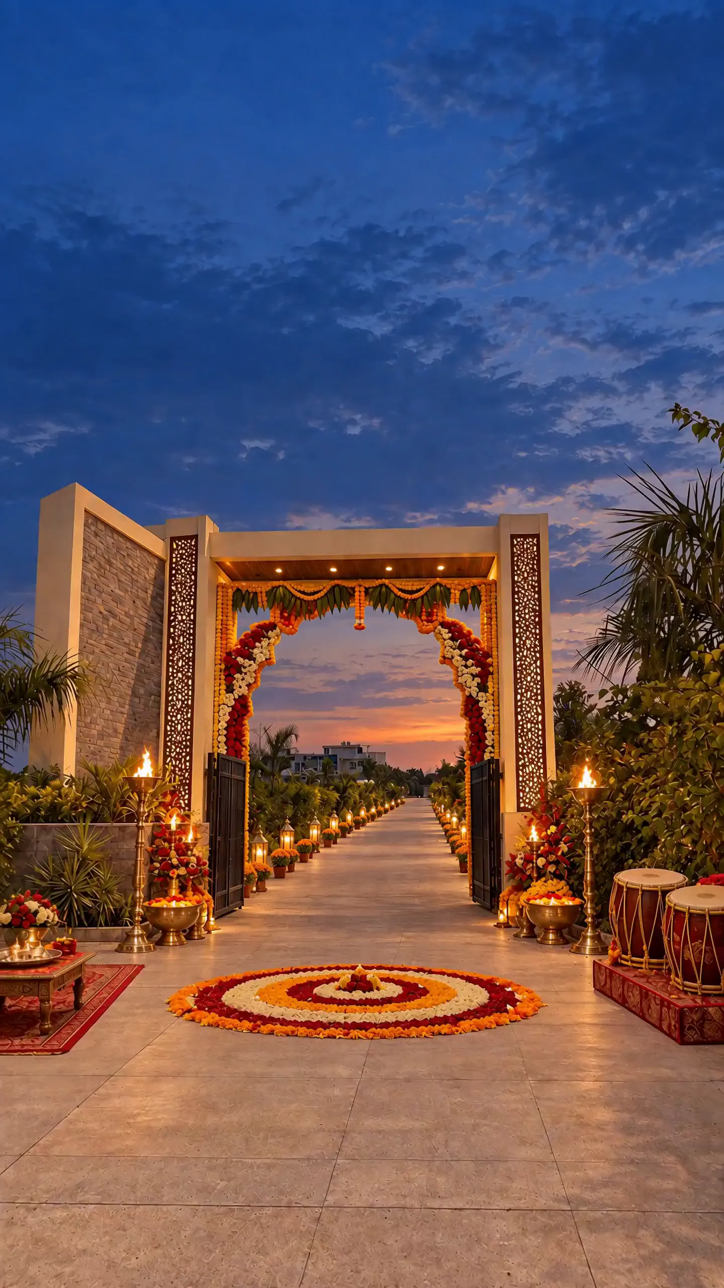A flowered arch at dusk over a path laid with a rangoli and lined with lamps