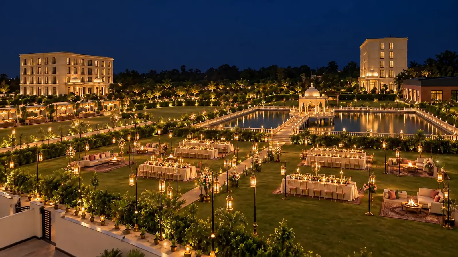 The lawns at night laid with lit tables, the hotel beyond