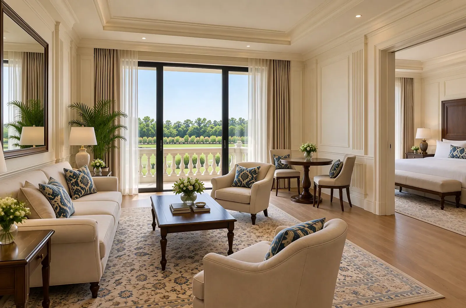 A hotel sitting room with sofas and armchairs round a low table and a balcony door onto the lawn