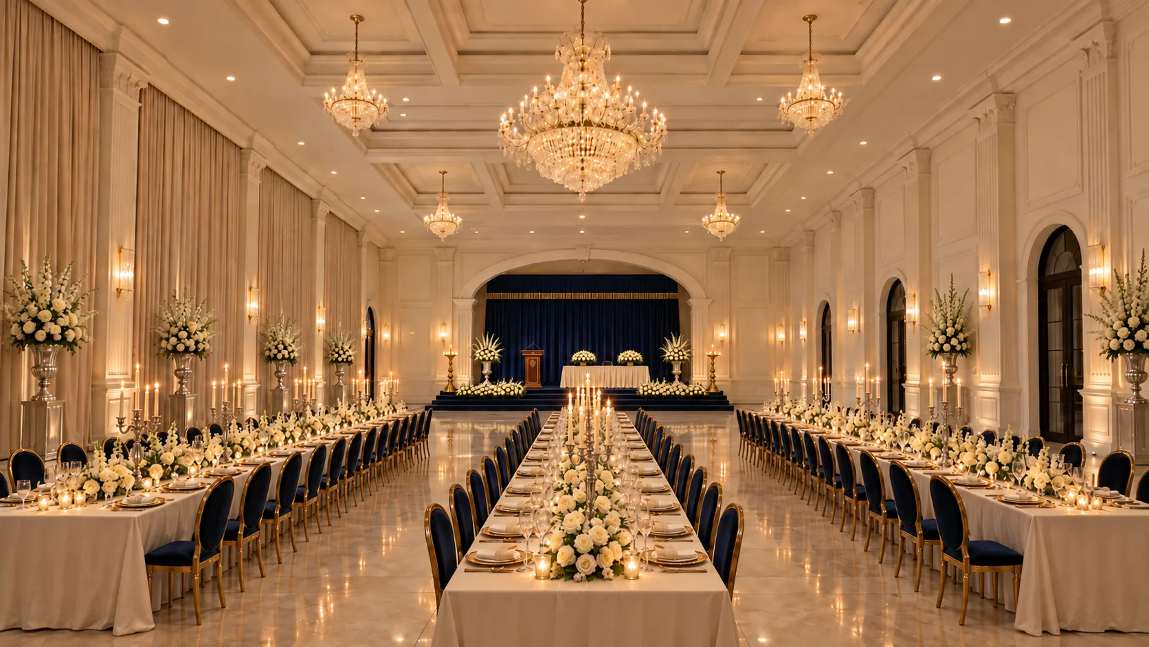The Banquet Hall laid for a dinner: long tables with white flowers and candles under the chandeliers