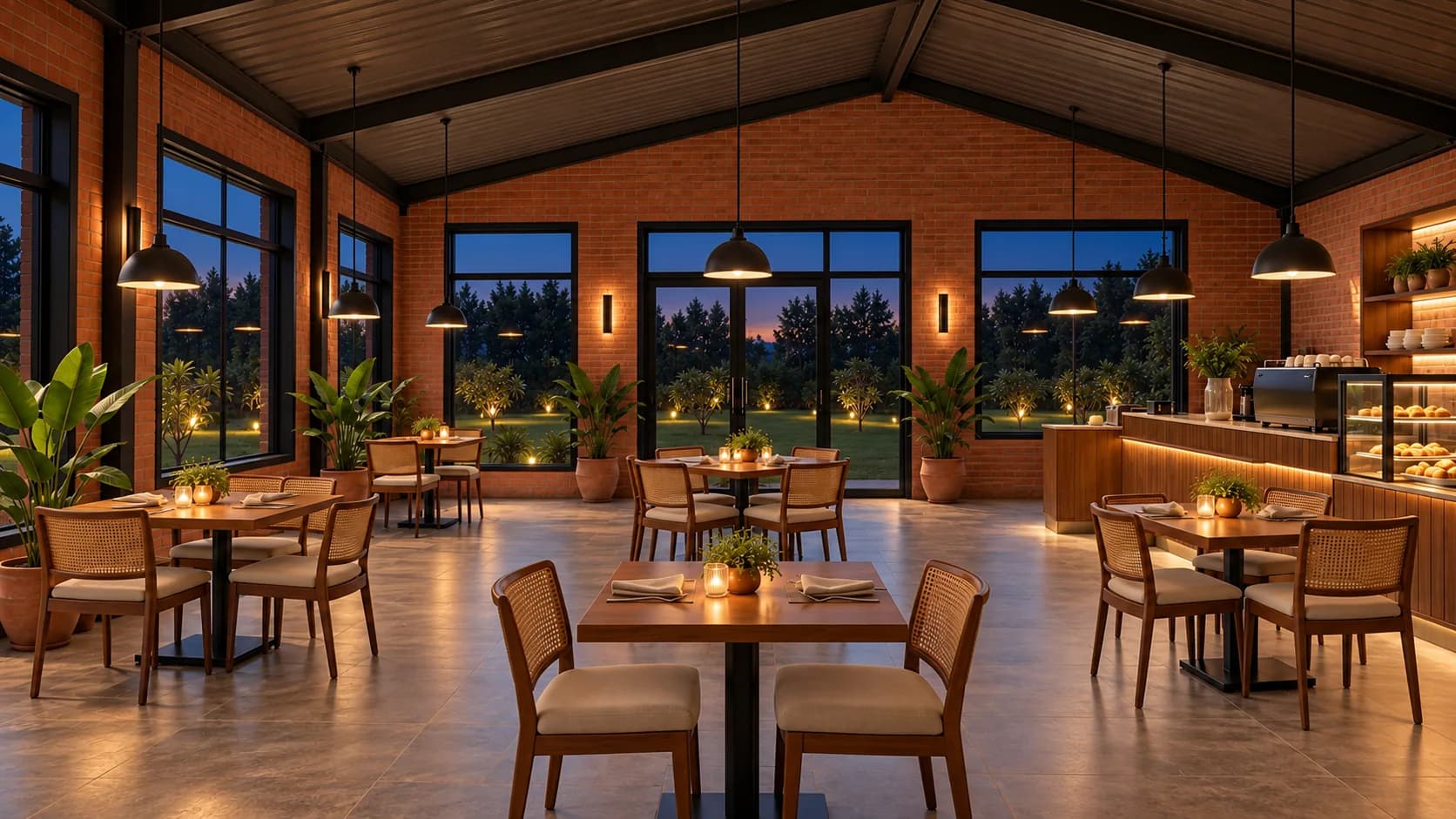 Inside the restaurant in the evening: brick walls, pendant lamps, tables laid with candles and the lawn through tall windows