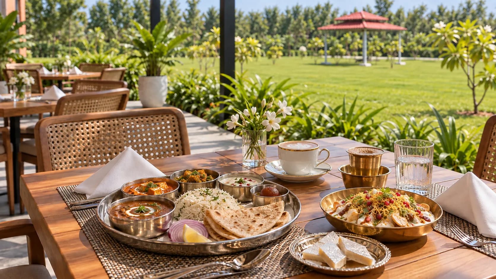 A meal on a wooden table on the terrace: thalis, bread and bowls on brass, the lawn and a gazebo beyond