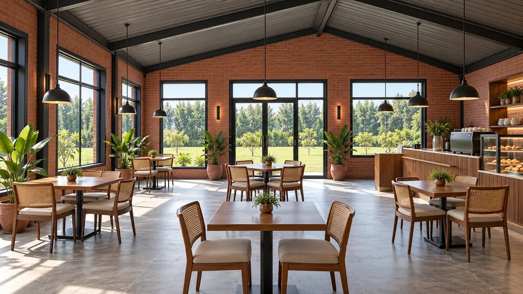 Inside the restaurant by day: brick walls, a pitched roof, cane chairs and tall windows onto the lawn