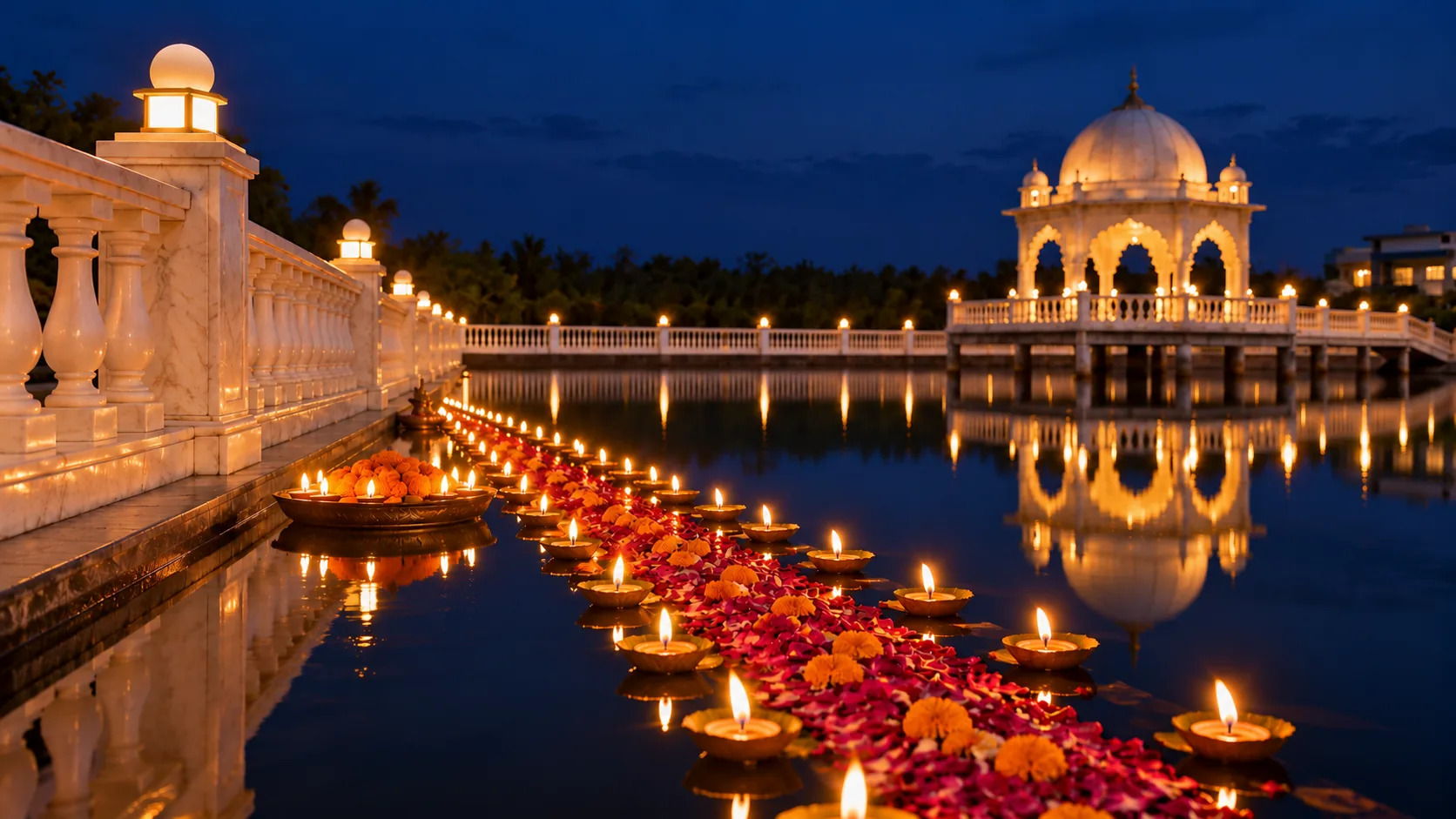 Floating diyas and rose petals on the pond at night, leading to the lit mandap on its stage