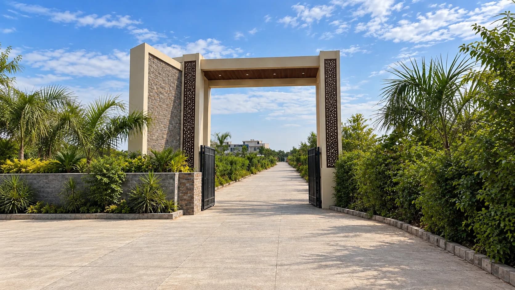 The entrance gate by day: two stone piers with pierced jaali screens and a beam across, its black gates open onto the road into the estate