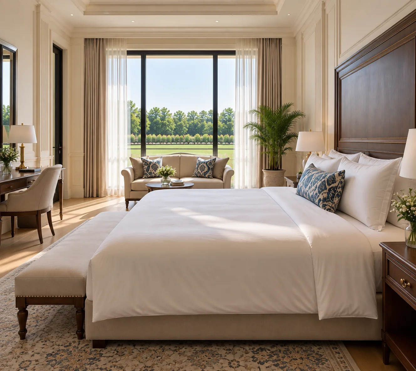 A hotel room in morning light: a white bed with blue patterned cushions, a sofa by the window and the lawn outside