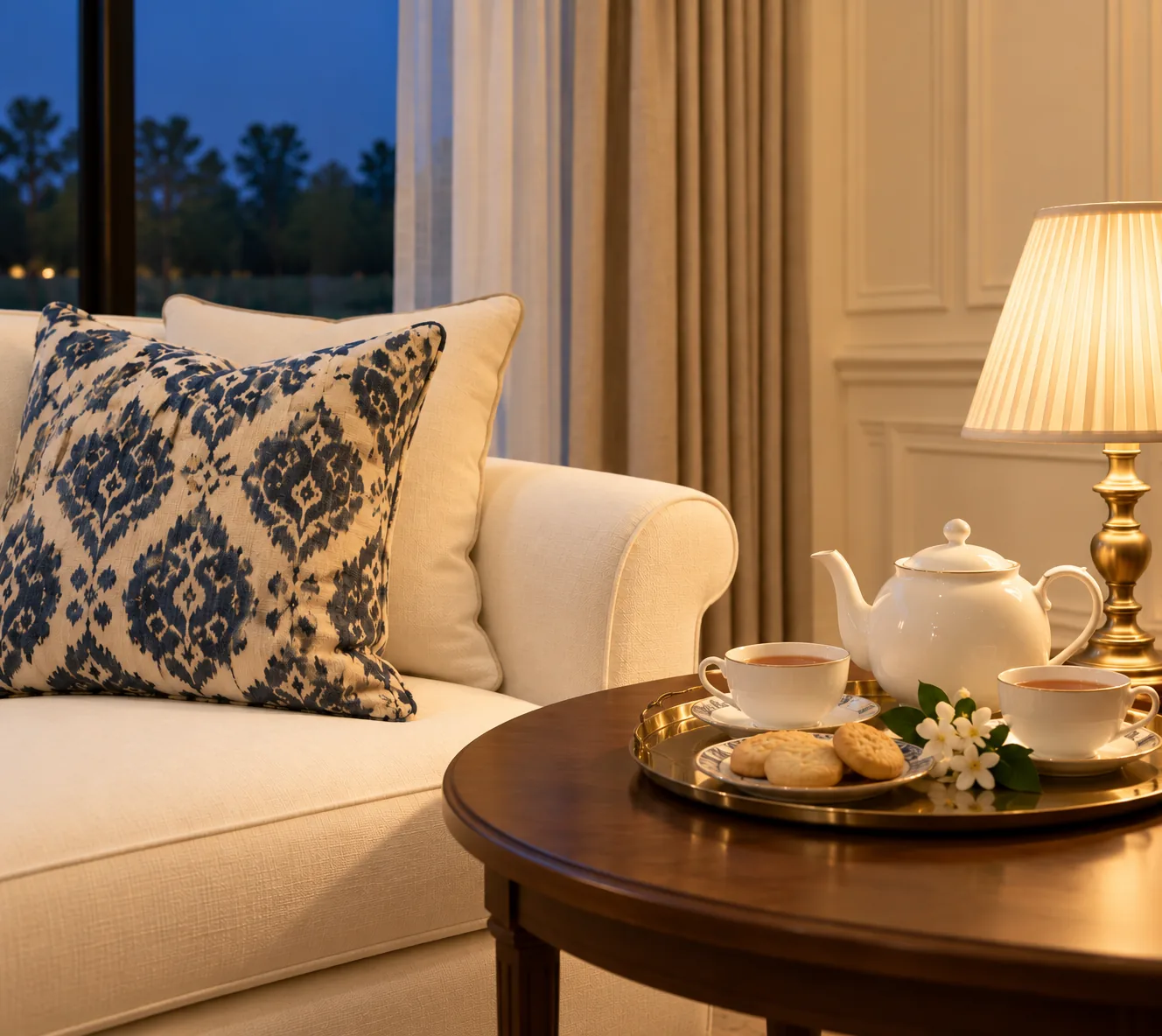 Tea for two on a round wooden table in a hotel room: a white teapot, cups, biscuits and jasmine, beside an armchair and a lamp