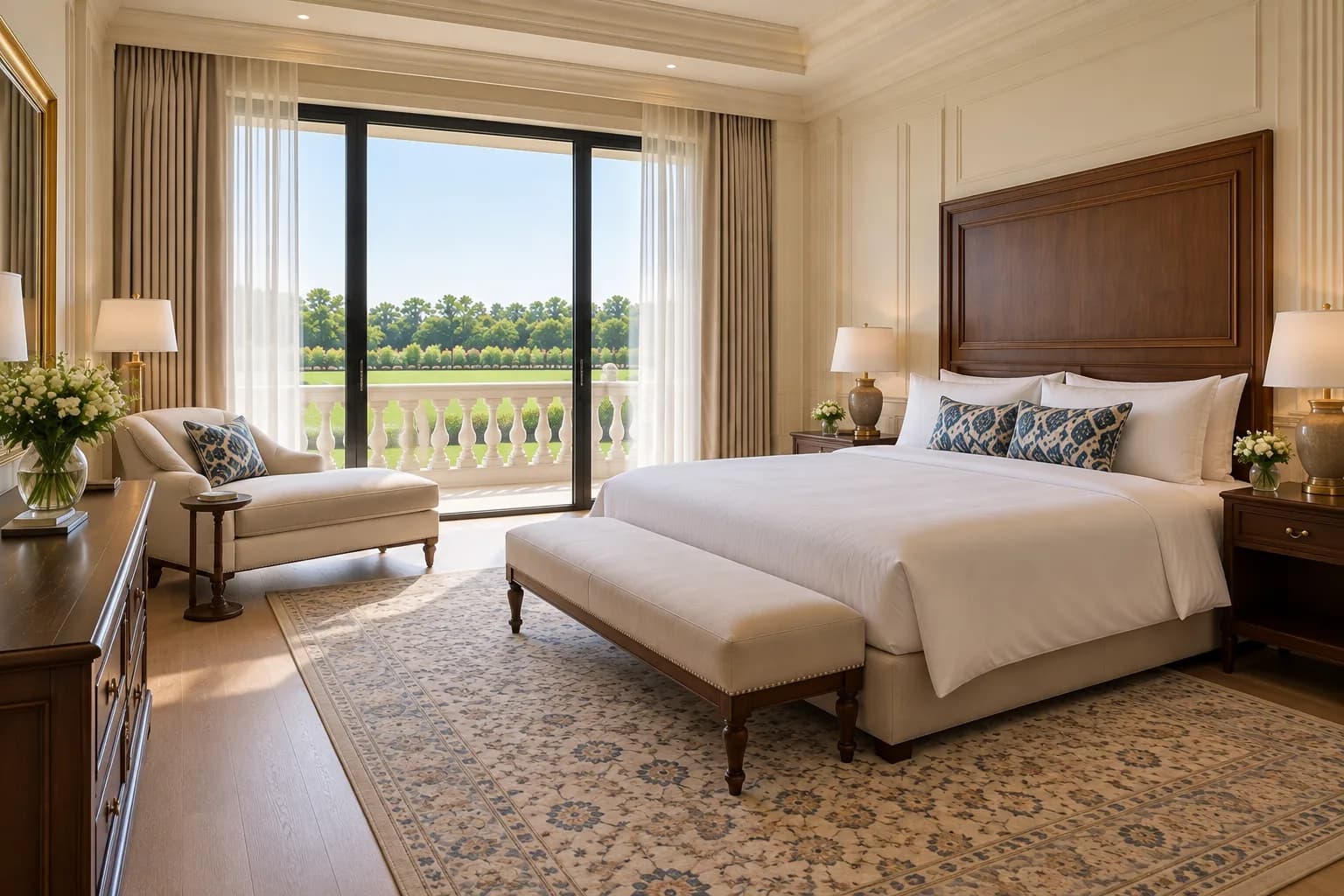 A hotel bedroom with a tall wooden headboard, a bench, a chaise by the balcony door and a patterned rug
