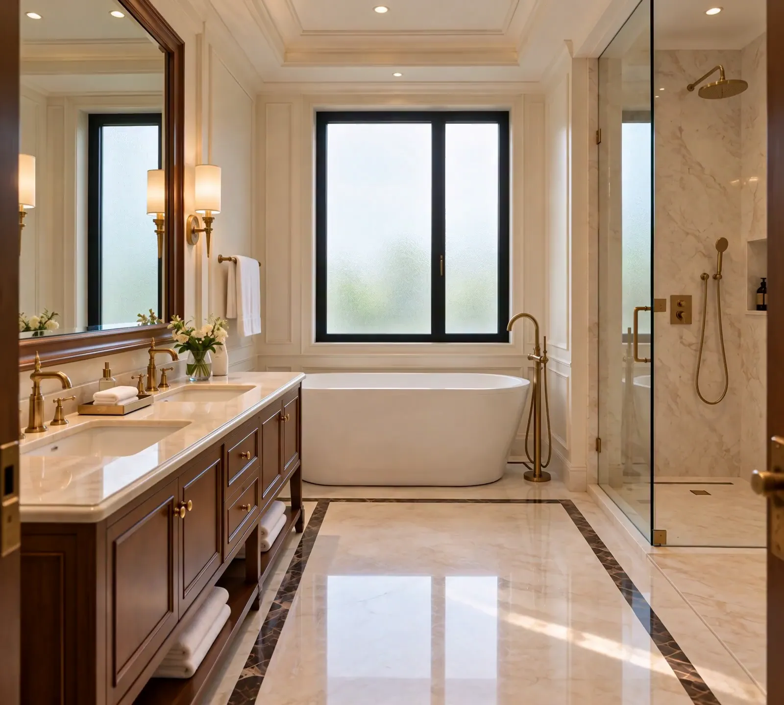 A hotel bathroom in pale marble: a freestanding bath under a window, a long vanity and a glass shower