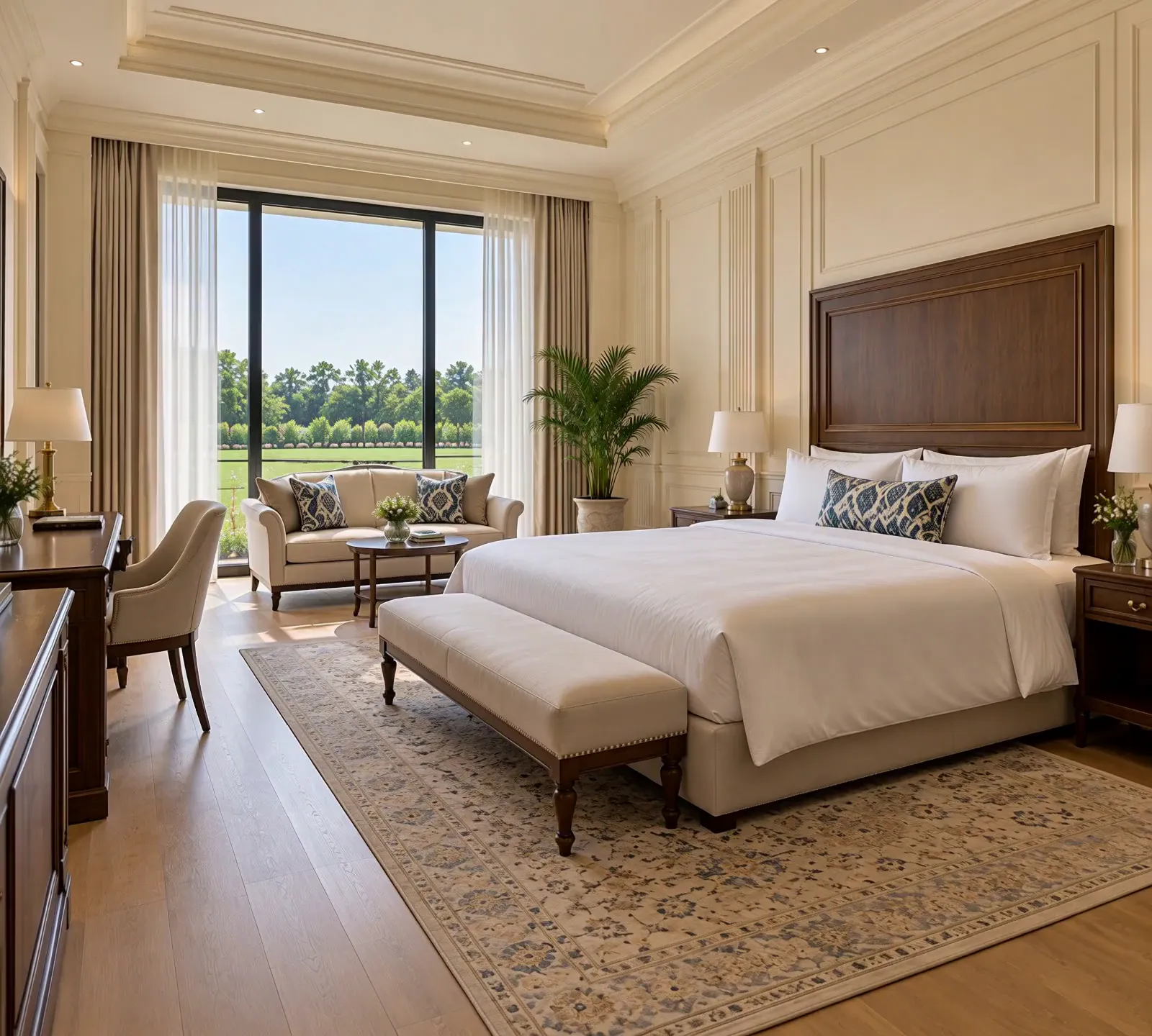 A hotel room: a wide bed with a wooden headboard, a bench at its foot, a sitting corner and tall windows onto the lawn