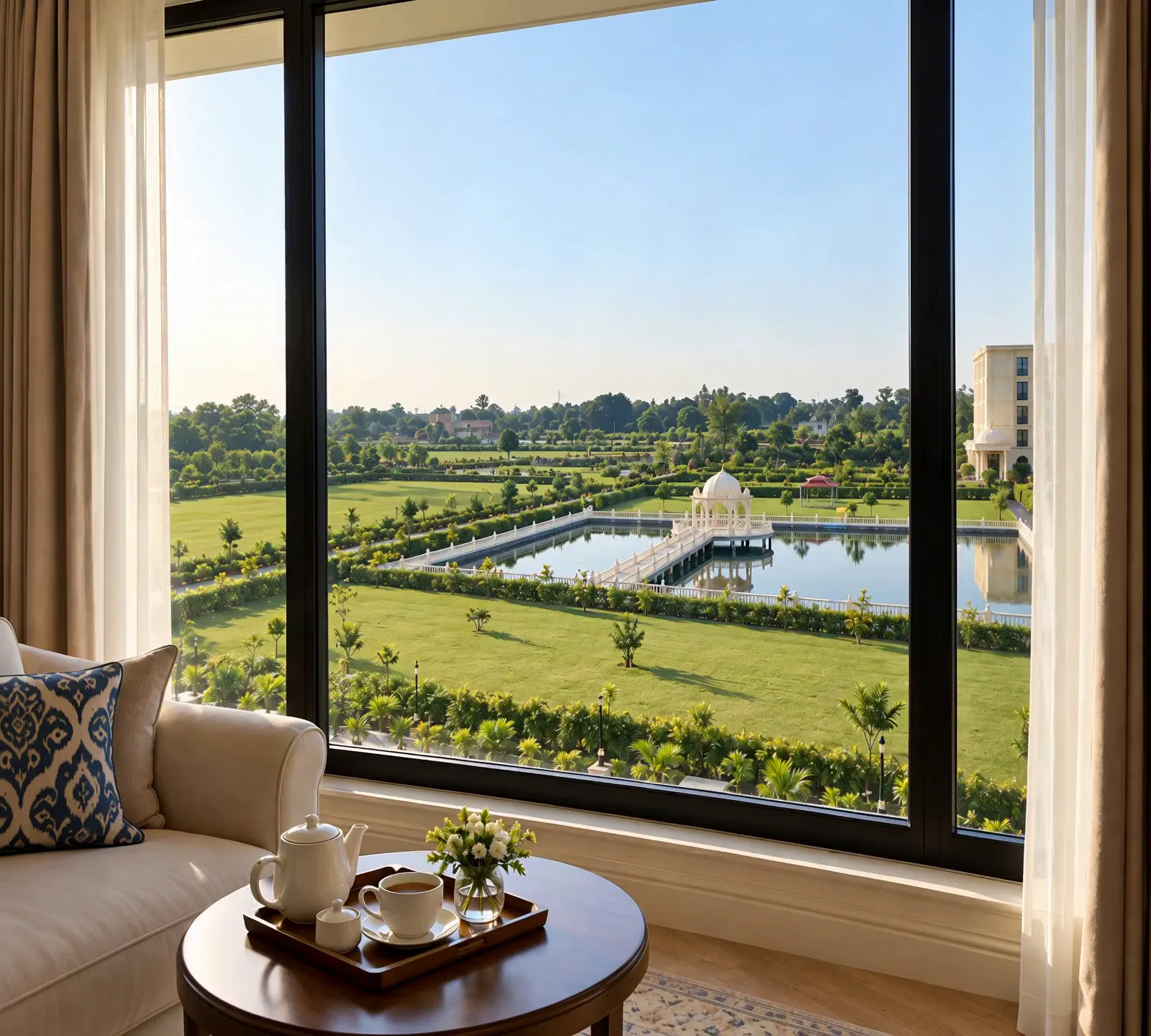 From a hotel room window: the lawns, the pond and its white mandap far below, a tea tray on a round table