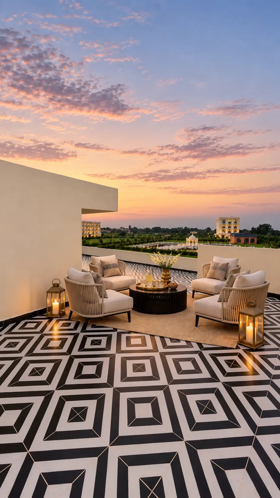 A villa roof terrace at sunset: armchairs round a low table, lanterns, and the black and white tiled floor