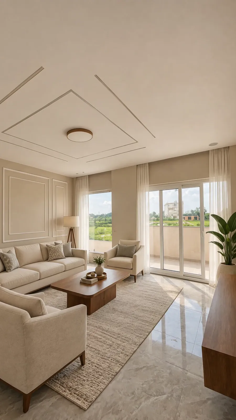 A villa lounge: cream sofas round a low table by a tall window